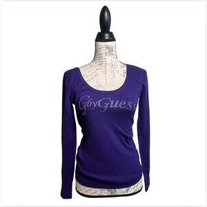 GUESS‎ Purple Y2K Neck Rhinestone Embellished Sweater Top
